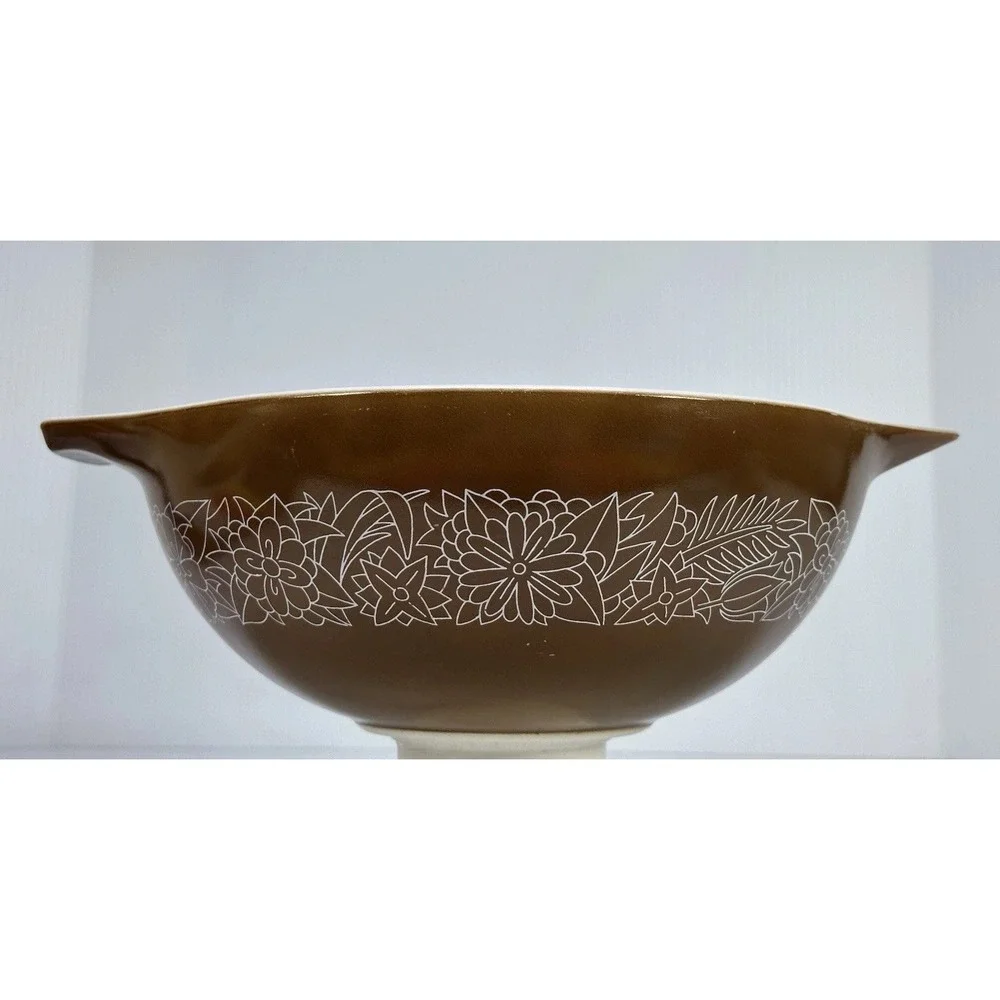 Vintage PYREX Woodland Brown Floral Mixing Bowl 444 Glass Microwave Oven Safe